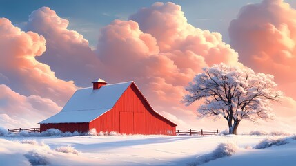 Red Barn in Snow-Covered Field at Sunset with Long Shadows and Bare Tree