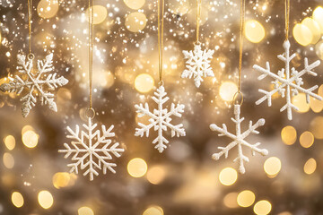 ゴールドの背景に輝くクリスマスの雪の結晶オーナメント