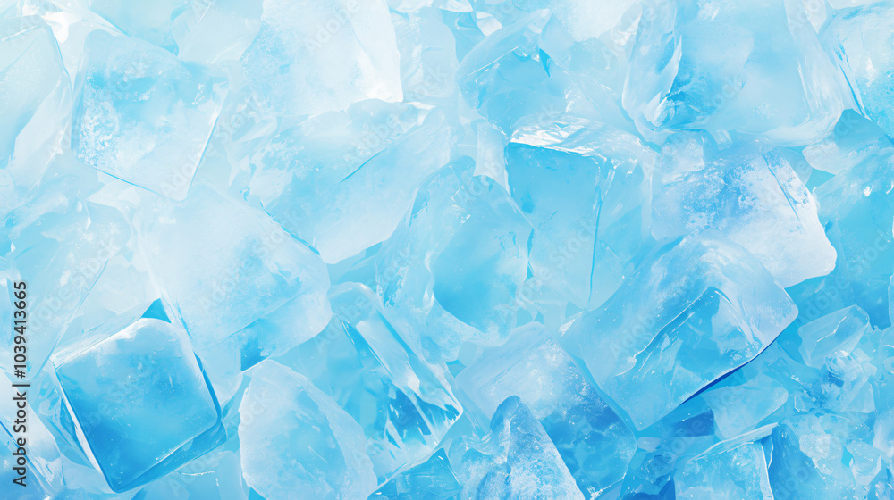 Poster a detailed shot of crushed ice cubes in various shades of blue, creating a refreshing visual for foo