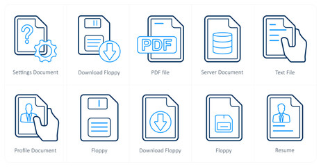 A set of 10 mix icons as settings document, download floppy, pdf file