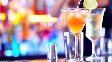 Colorful cocktail with lime slice on bar counter in vibrant setting.