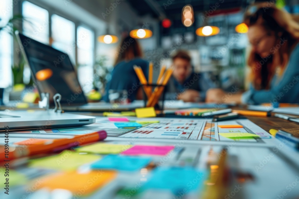 Poster creative team brainstorming session in modern office with colored charts and post-it notes.