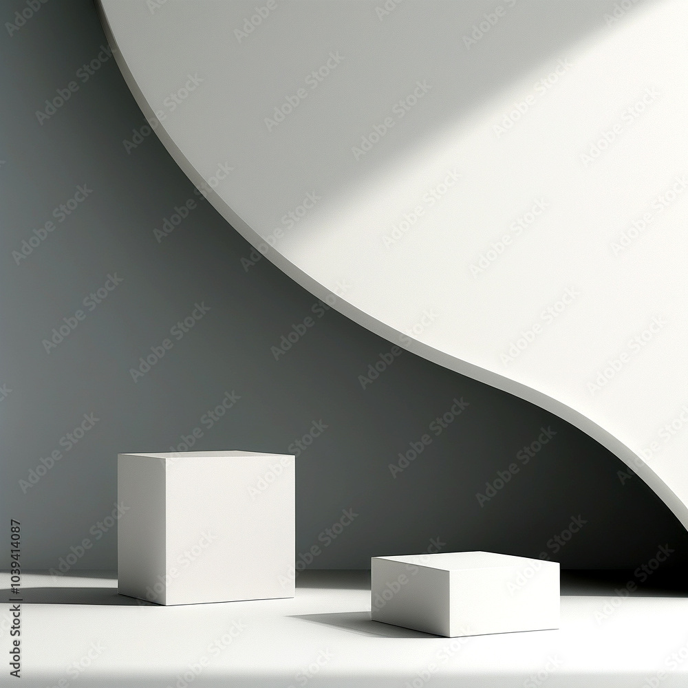 Poster minimalist display of geometric shapes in soft lighting within a modern setting