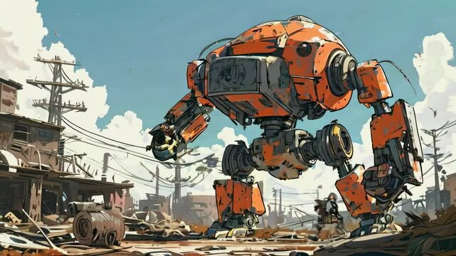 Cartoon Mecha Fight in a Post-Apocalyptic World
