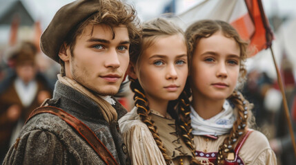 Fototapeta premium Medieval festival: young people in traditional costumes with flags in background.