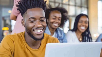 Fototapeta premium Smiling young adults collaborating on laptop in modern learning environment.