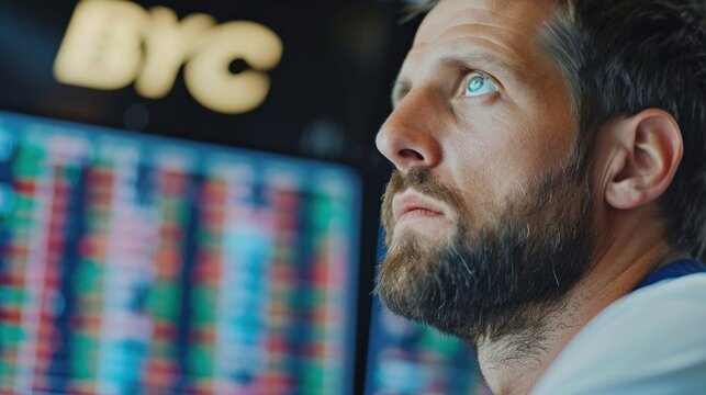 Pensive man observing stock market data on screen at BYC trading floor.