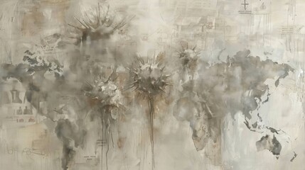 Abstract world map with ink splotches and sketches of global landmarks.