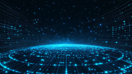 glowing blue digital background with futuristic grid and sparkling lights creates sense of depth and technology. abstract design evokes high tech, digital atmosphere