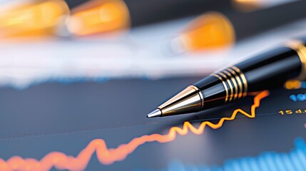 Pen on financial chart with rising orange line indicating economic growth trend.