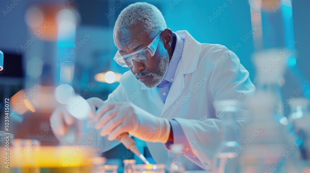 Poster scientist in laboratory conducting experiment with precision using pipette and protective gear.