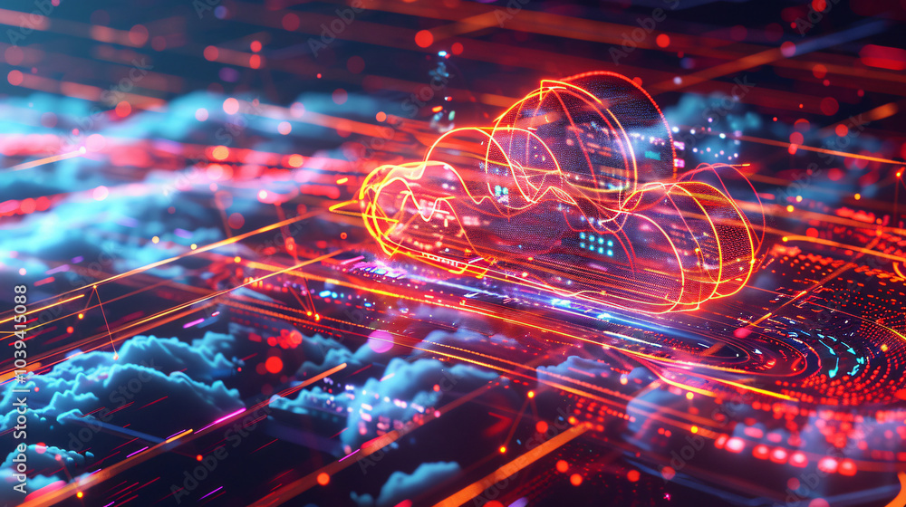 Poster a digital artwork depicting a futuristic cloud computing concept with neon elements and data streams
