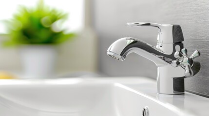 Modern chrome faucet with reflected bathroom interior and blurred green plant.
