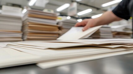 Person sorting envelopes and papers in office with stacks of documents.
