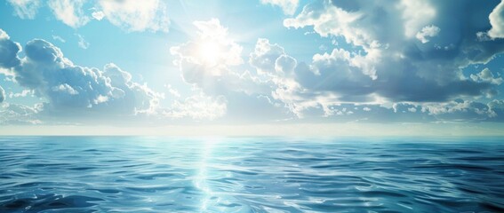 Serene ocean horizon with majestic clouds and radiant sunlight.
