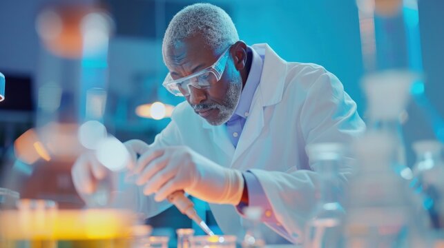 Scientist in laboratory conducting experiment with precision using pipette and protective gear.