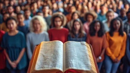 Open bible in focus with diverse congregation gathered in church