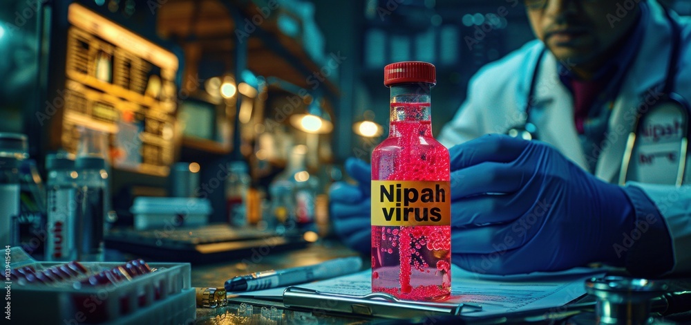 Poster scientist analyzing nipah virus sample in laboratory with advanced equipment