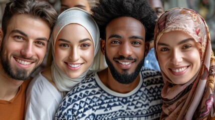 Fototapeta premium Diverse group of smiling friends in colorful attire close-up portrait