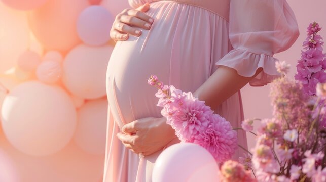 Pregnant woman in pink dress holding belly surrounded by flowers and balloons - Powered by Adobe