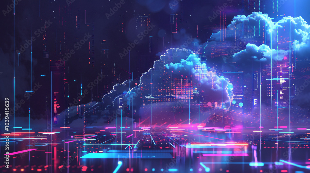Poster a futuristic digital landscape depicting clouds and neon data streams, illustrating a high-tech envi
