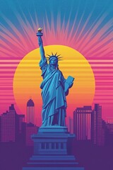 Fototapeta premium Vibrant sunset behind Statue of Liberty silhouette