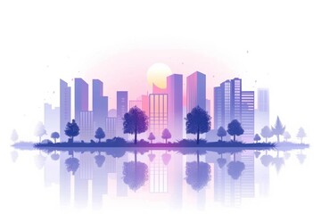 Sunset over modern cityscape with reflective water and silhouetted trees