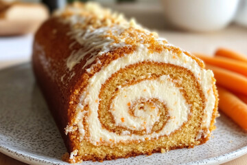 Roll cake filled with cream cheese and topped with frosting