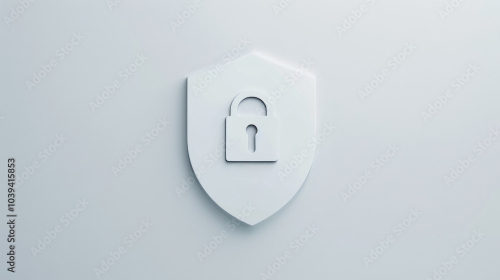 Poster white shield with padlock symbol on minimalist gray background representing security