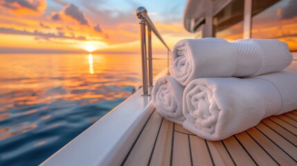 Rolled towels on yacht deck with vibrant ocean sunset and dramatic sky reflection