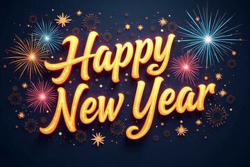 Festive Happy New Year lettering with fireworks