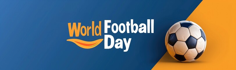Obraz premium World Football Day celebration banner with soccer ball on blue and orange background