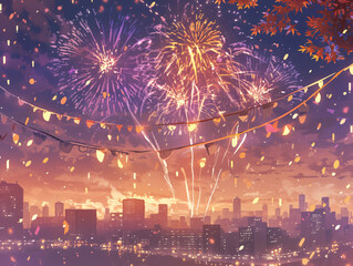 Obraz premium An illustration of a vibrant city skyline with fireworks in the sky, decorated with banners and colorful lights for celebrations.