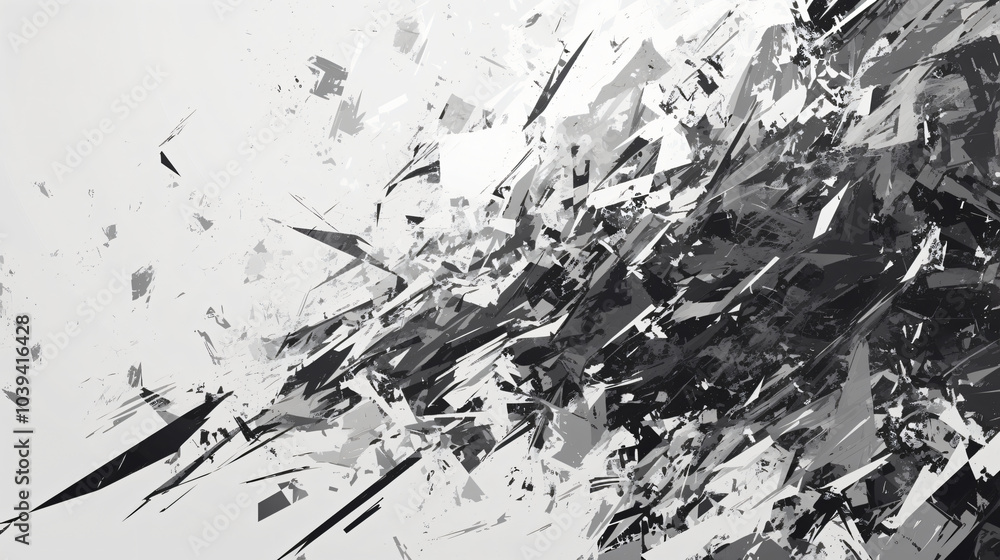 Poster an abstract monochromatic design featuring sharp, jagged textures in black and white, creating a dyn