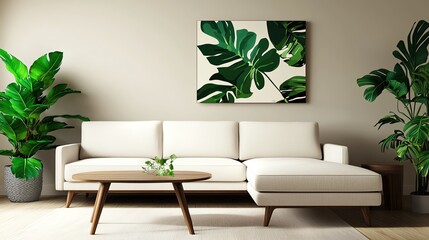 Neutral minimalist living room with a beige sectional sofa, abstract art, and minimalist decor, calming and balanced, minimalist neutral living room, serene atmosphere