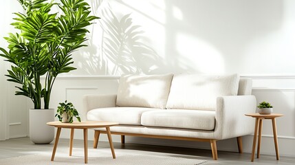 Scandinavian minimalist living room with a light gray fabric sofa, wooden furniture, and white walls, clean and functional, minimalist Scandinavian living room, Nordic design