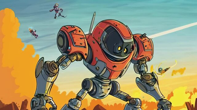 Cartoon Mecha Fight in a Post-Apocalyptic World