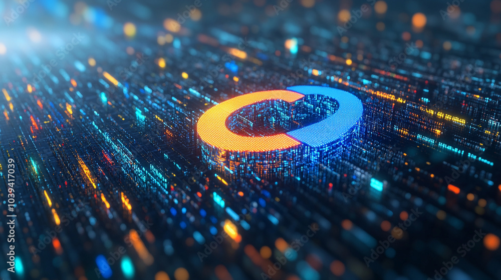 Poster innovative search engine logo amidst dynamic data flow representing the future of information retrie