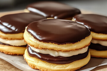 Sandwich cookies with cream filling coated in chocolate