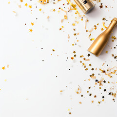 A flat lay image of a gold champagne bottle surrounded by festive confetti and stars on a white background, creating a celebratory mood for celebrations.