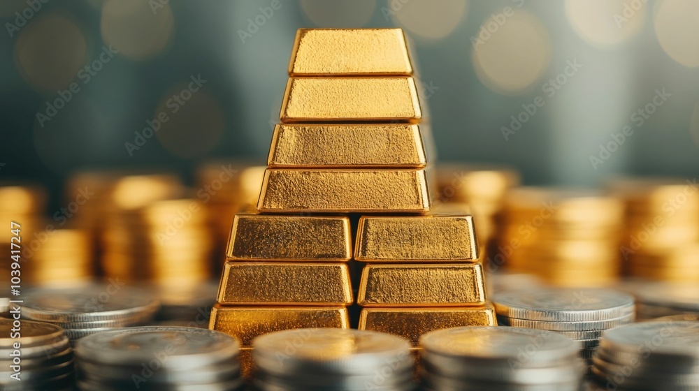 Poster towering pyramid structure made of stacked gold bars and silver coins with a broad base formed by pi