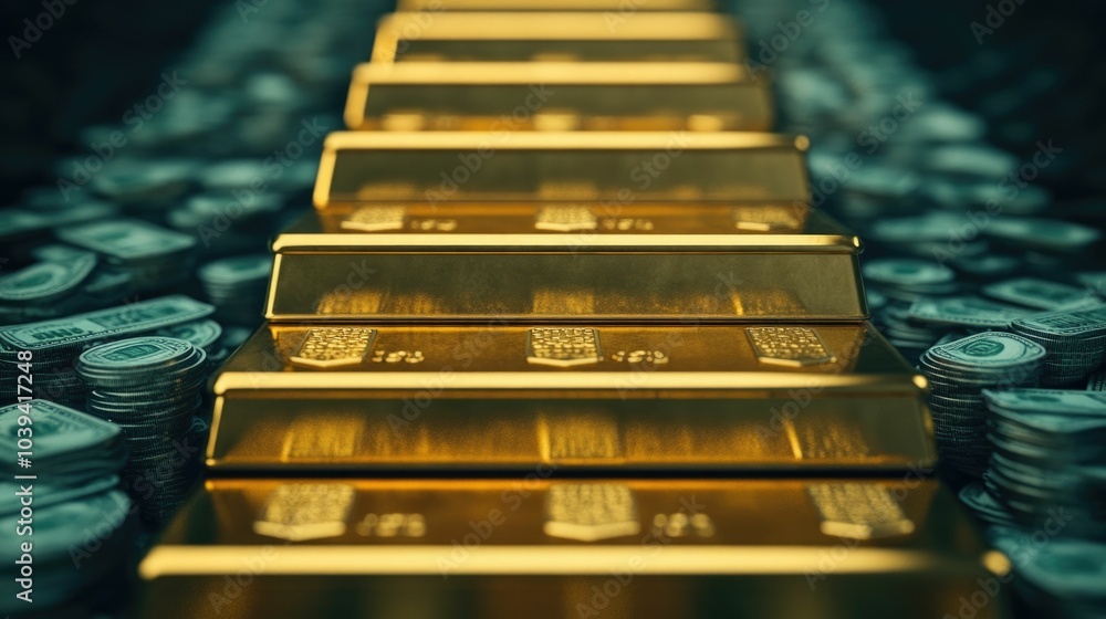Poster staircase of gleaming gold bars and crisp dollar bills with silver coins lining each step symbolizin