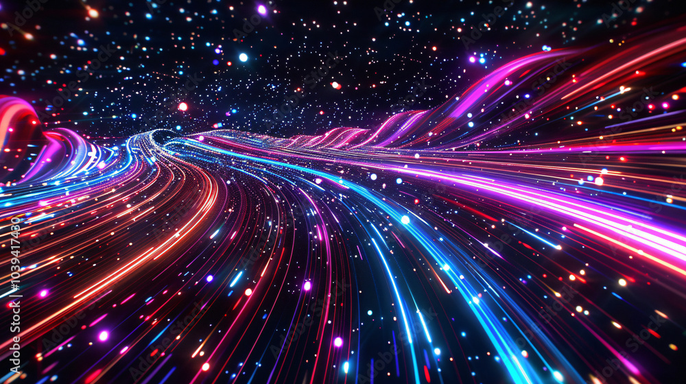 Poster an abstract illustration of colorful light trails moving through a dark space, creating a sense of s