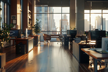 Fototapeta premium An office space bathed in sunlight, showcasing wooden floors and large windows with city views, representing modern work culture for business.