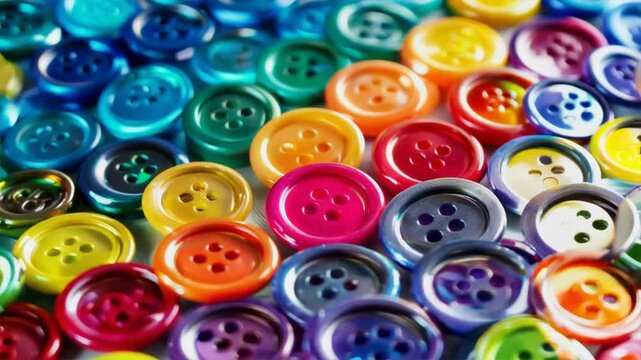 Colorful buttons in vibrant shades of red, blue, yellow, green, and purple create playful display, perfect for sewing and craft projects, capturing essence of creativity.