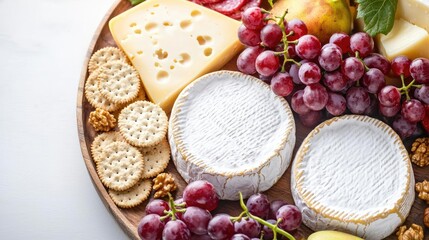 Assorted cheese platter with grapes, crackers, and fresh fruit on wooden board.