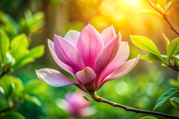 Obraz premium Stunning Pink Lily Magnolia Flower on Tree with Lush Green Leaves and Blurred Garden Background for Nature Photography and Floral Aesthetics
