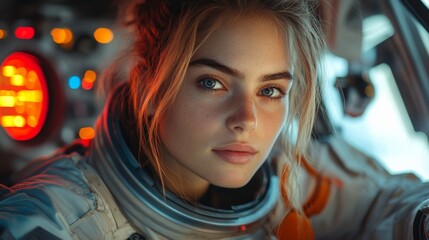 Fototapeta premium Young Astronaut Adjusting Controls in Spacecraft