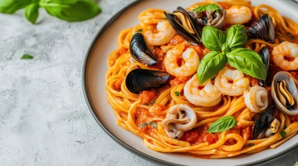 Seafood pasta A plate of linguine tossed in a rich tomato sauce, loaded with shrimp, mussels, clams, and squid, and garnished with fresh basil