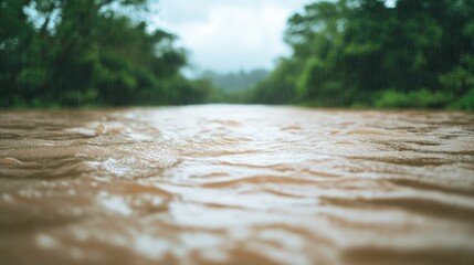 Fototapeta premium A powerful river surging with floodwaters after heavy rainfall overflowing its banks and inundating the surrounding landscape with a dramatic display of natural forces